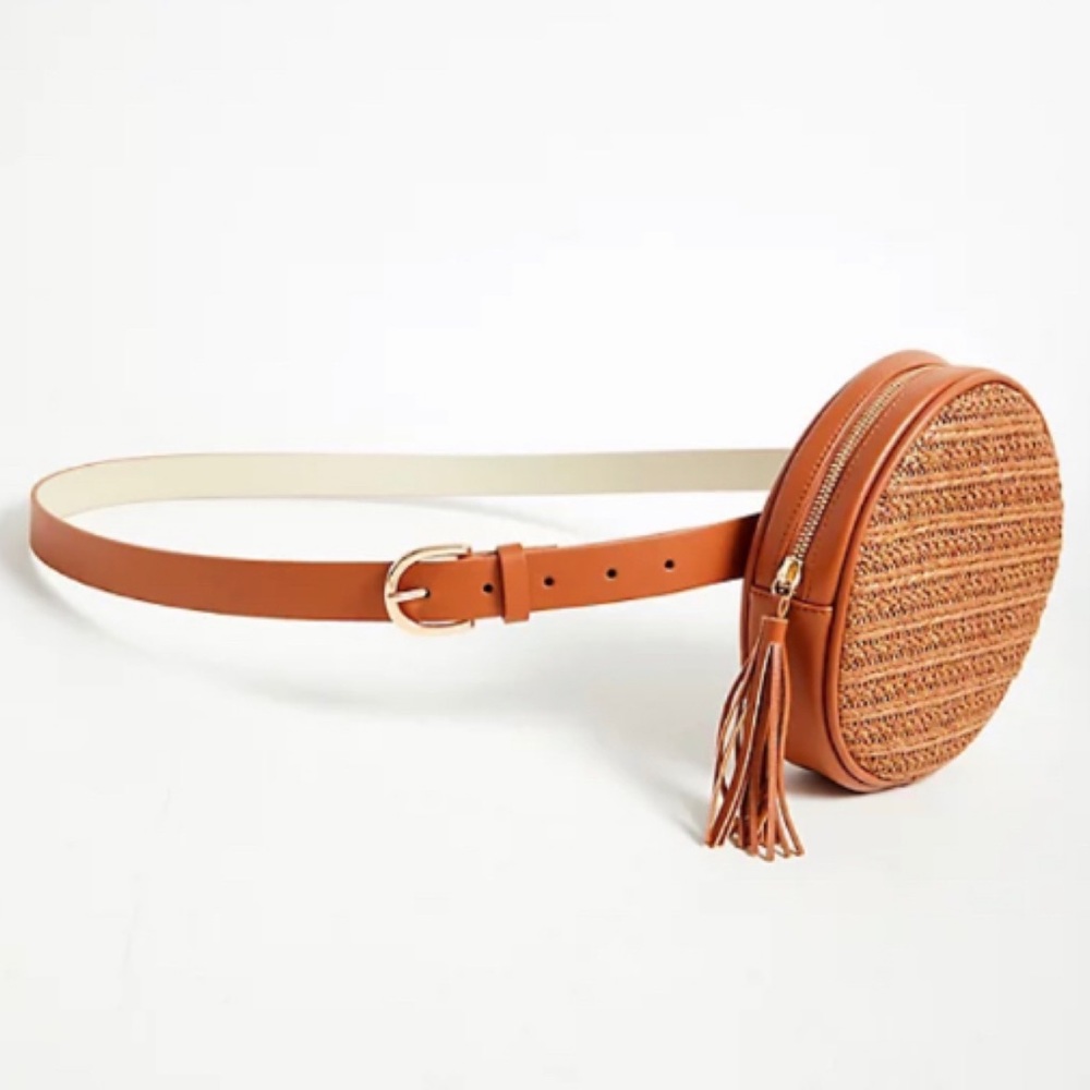 ๐ Cognac Faux Leather & Straw Round Belt Bag 2 2X 18 20 NWT Torrid New! Brown - Picture 2 of 4